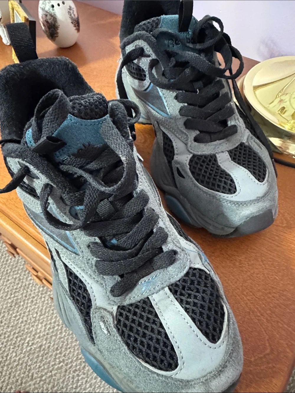Reebok Gray and Black Athletic Sneakers with Blue Accents